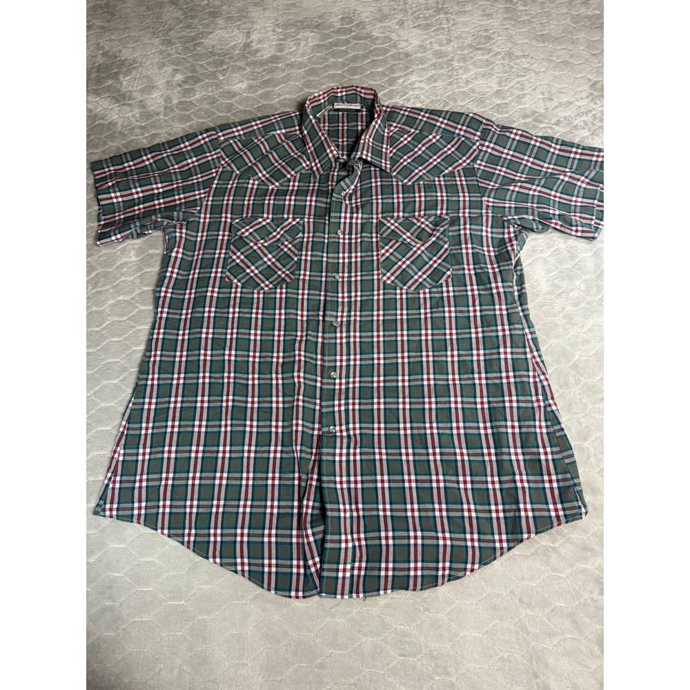 Vintage Karman Silver Collection Pearl Snap Western Shirt Plaid Green Red XL USA